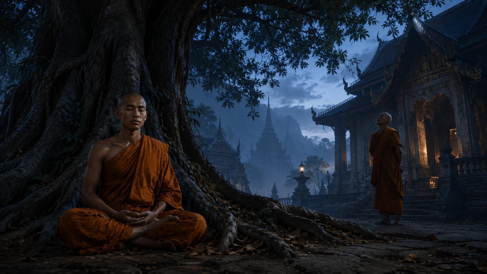 อนุชิตนั่งสมาธิใต้ต้นโพธิ์ — คืนก่อนวัดถูกเผา