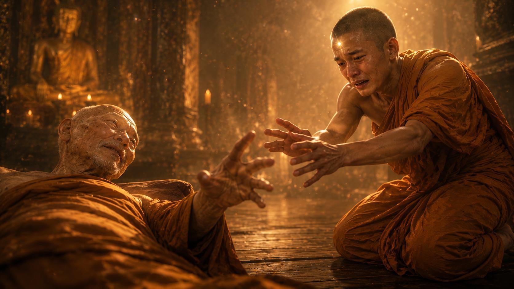 หลวงตาเอื้อมมือมาหาอนุชิต — วัดที่กำลังไหม้ ปีศาจเฝ้ามองอยู่เบื้องหลัง
