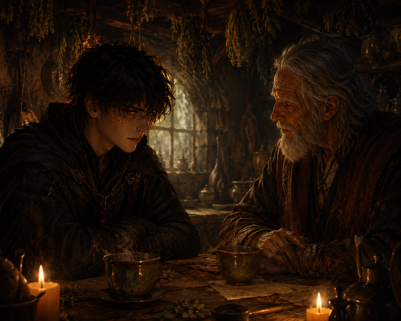 Kael และ Aldric นั่งคุยกันในกระท่อม