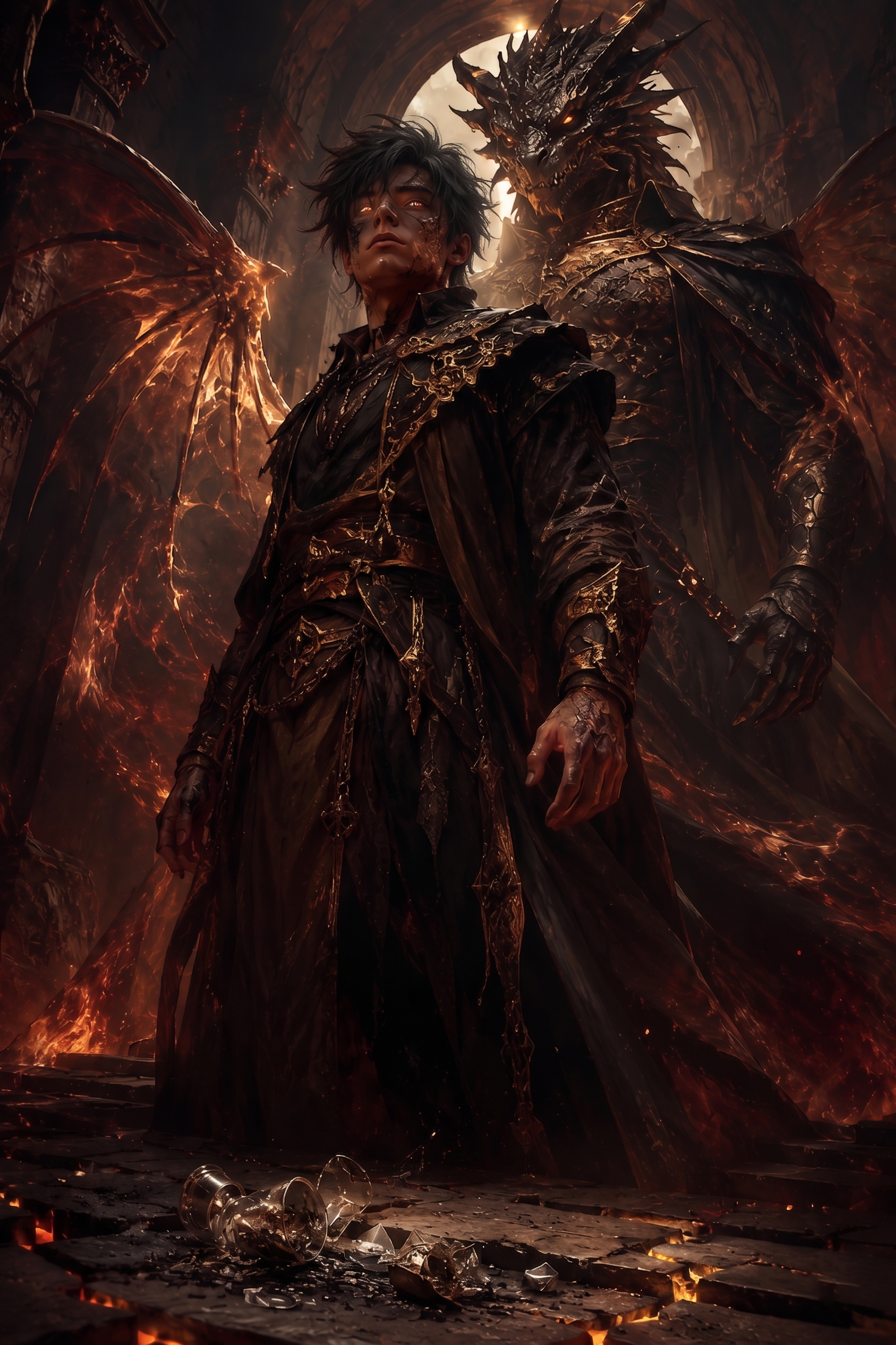 Kael Veranth stands in the black stone temple — the shattered ash bottle on the floor, his dragon-father looming behind, amber eyes alight for the first time with something other than grief.