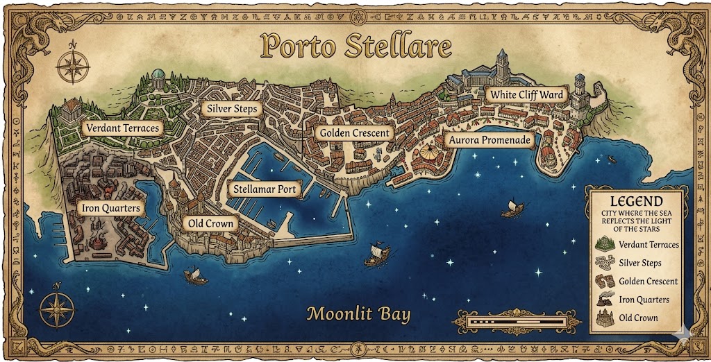 Map of Porto Stellare, a coastal fantasy city on Moonlit Bay